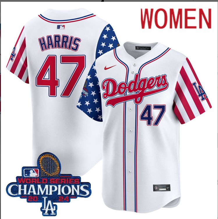 Women  MLB Los Angeles Dodgers #47 Trump American Style white 2024 World Series Champions  Limited Jersey